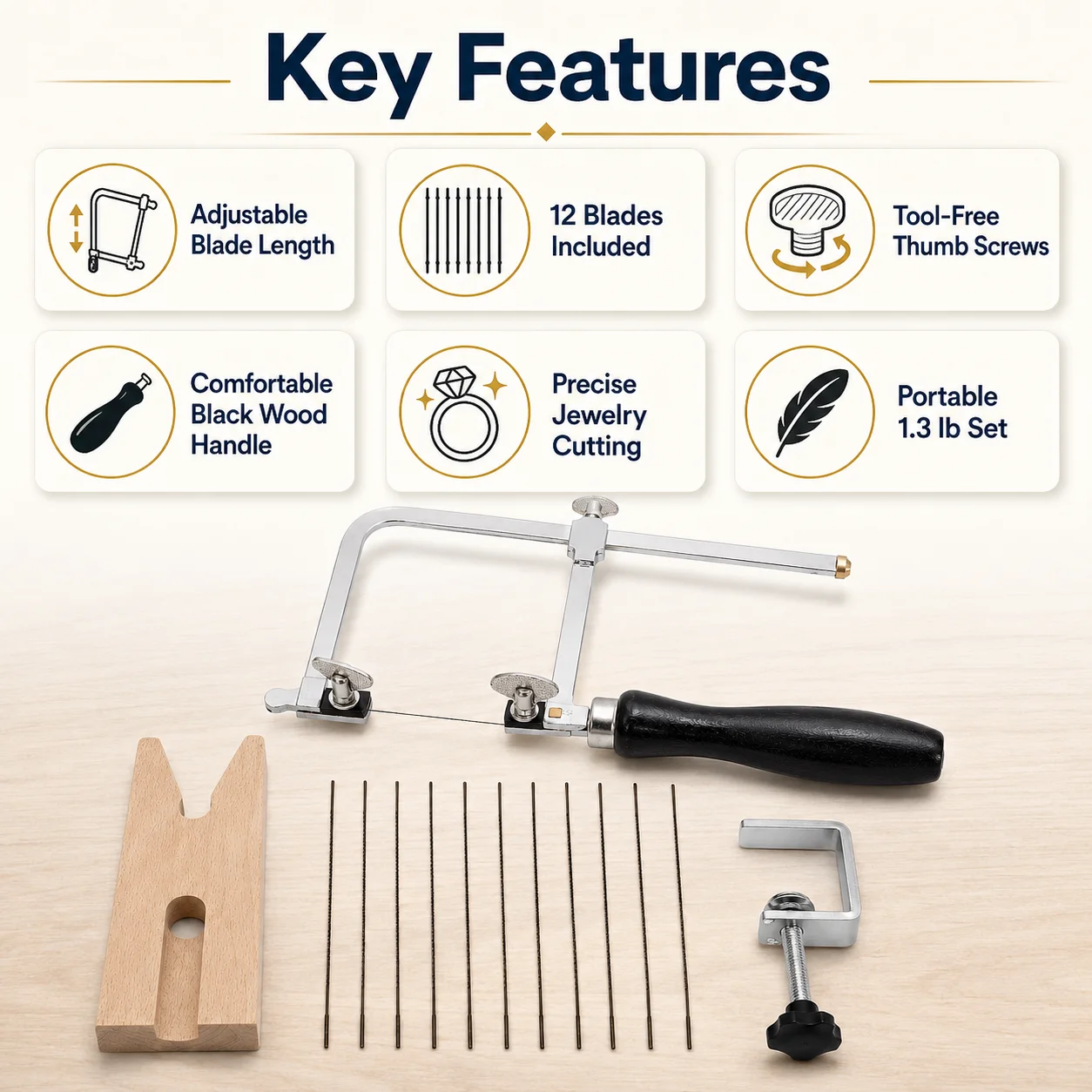 TOKTOS Adjustable Jewelry Saw Frame Set 12 Blades Jeweler Saw Bow Precision Cutting Tool for Gold Silver Wax Wood DIY Jewelry M