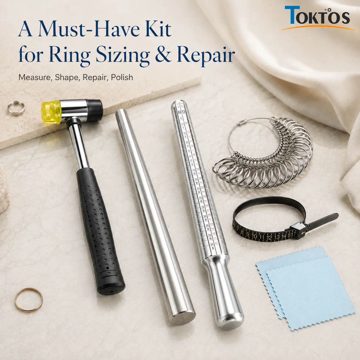 6PCS Ring Sizing Tool Kit Jewelry Ring Mandrel Set Hammer Ring Sizer Gauge Measuring Belt Polishing Cloth for Repair Making