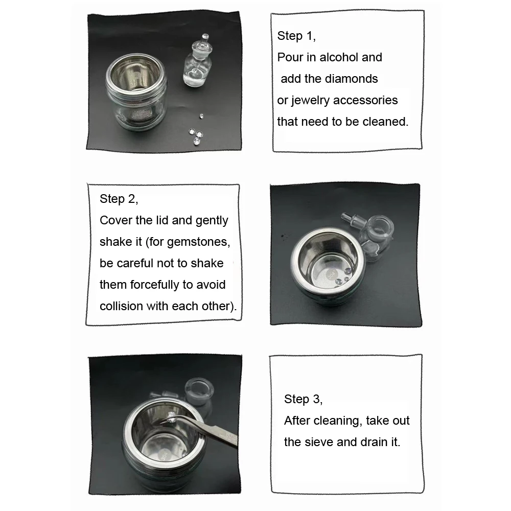 Diamond Cleaning Jar with Stainless Steel Sieve Jewellery Washing Cup Glass Gemstone Washer Ring Necklace Cleaner Jewelry Tools