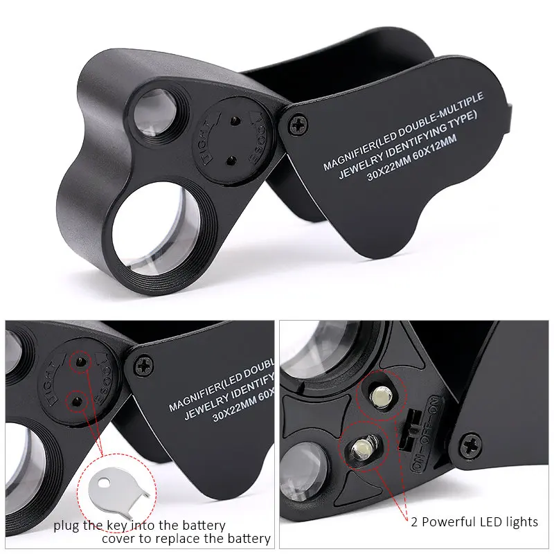 30X 60X Illuminated Jewelers Eye Loupe Magnifier Foldable Jewelry Magnifier With LED Light For Gems, Jewelry, Coins, Stamps