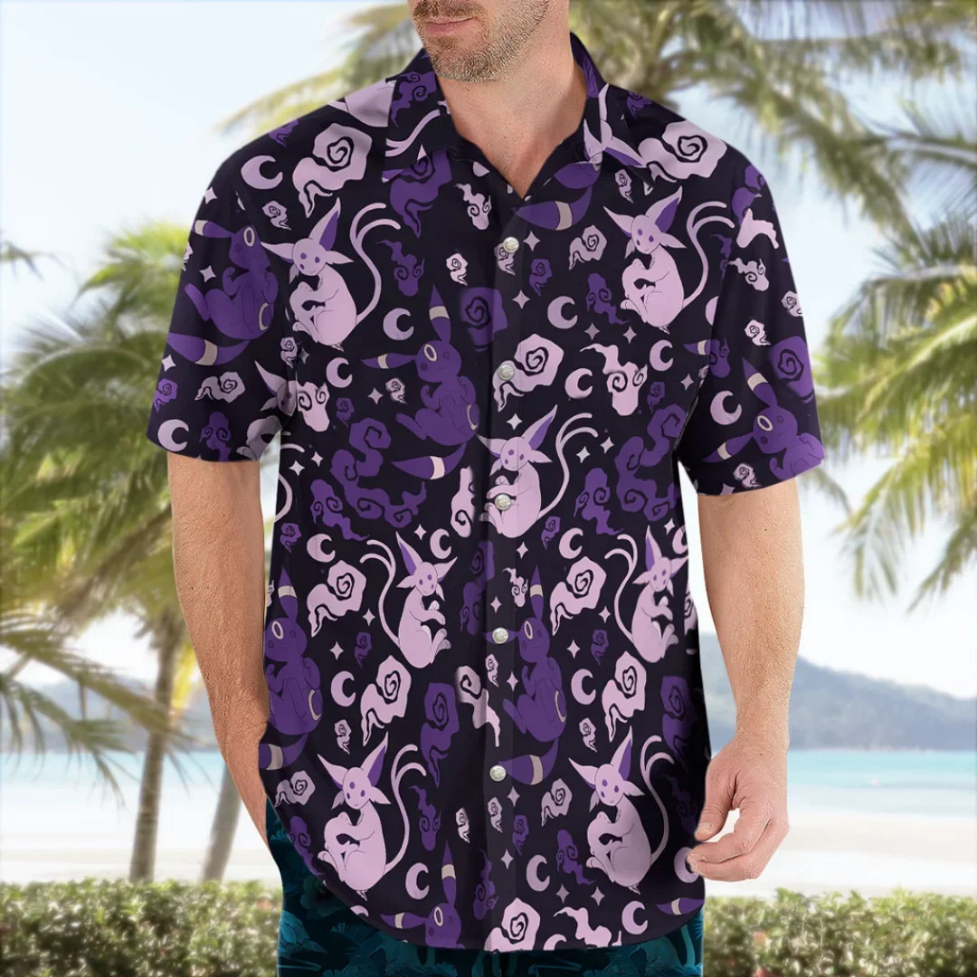 Summer Men's Anime Printed Short Sleeved Shirt Sun Moon Eevee IP Design Breathable Leisure Vacation Shirt