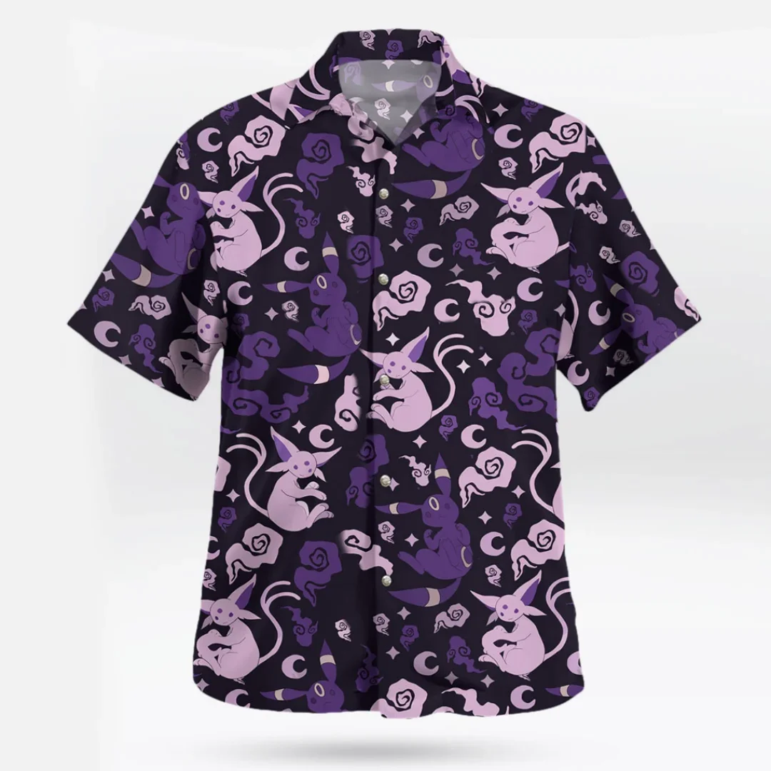 Summer Men's Anime Printed Short Sleeved Shirt Sun Moon Eevee IP Design Breathable Leisure Vacation Shirt