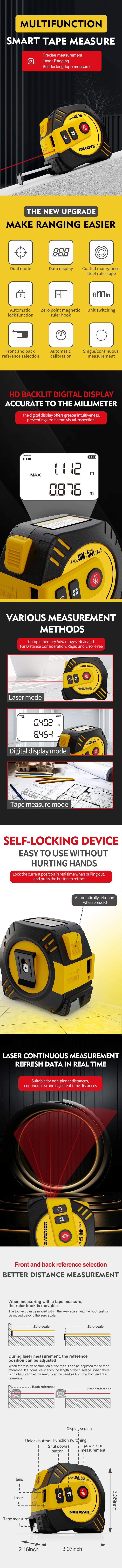 Nohawk 40m/80m Laser Tape Measure Tape Measure Measuring Tool Laser Distance Meter Steel Tape Measure USB Rechargeable