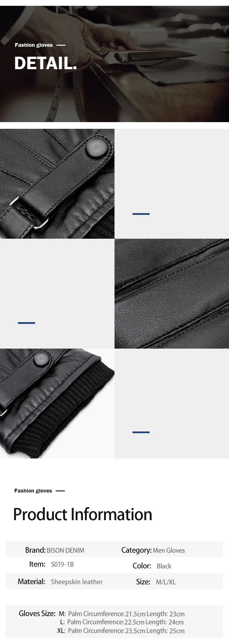 BISON DENIM Men Genuine Sheepskin Leather Gloves Autumn Winter Warm Touch Screen Full Finger Black Gloves High Quality S019