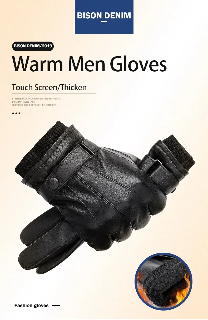 BISON DENIM Men Genuine Sheepskin Leather Gloves Autumn Winter Warm Touch Screen Full Finger Black Gloves High Quality S019