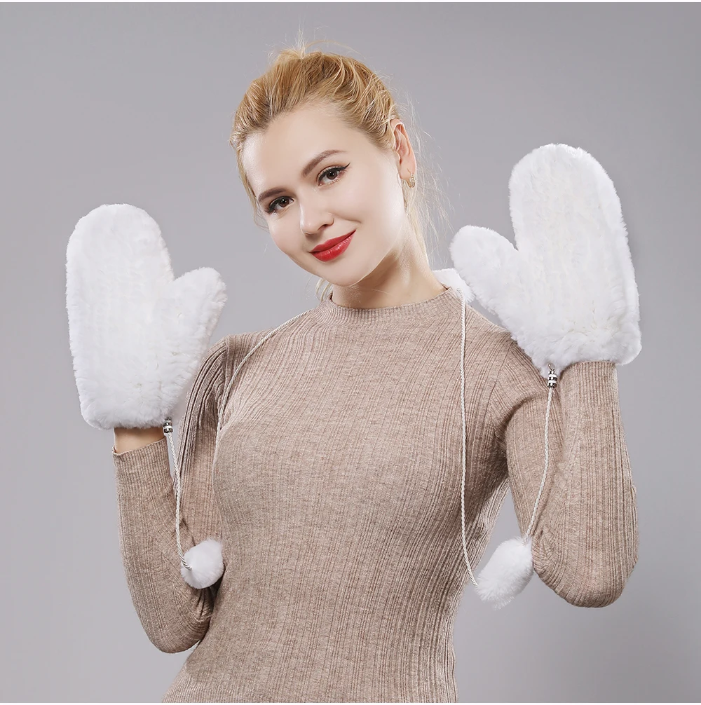 Hot Sale Women's 100% Natural Rabbit Fur Winter Gloves Warm Knit Thick Thermal Mittens Soft Real Fur Outdoor Cold Weather Glove