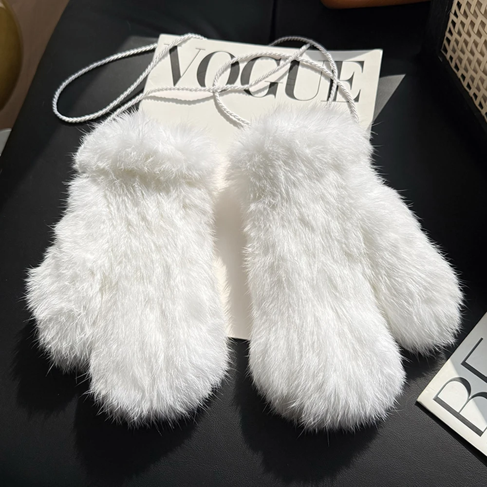 Hot Sale Women's 100% Natural Rabbit Fur Winter Gloves Warm Knit Thick Thermal Mittens Soft Real Fur Outdoor Cold Weather Glove