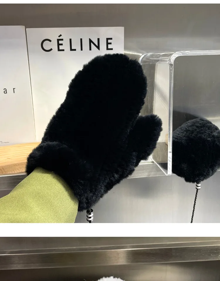 Hot Sale Women's 100% Natural Rabbit Fur Winter Gloves Warm Knit Thick Thermal Mittens Soft Real Fur Outdoor Cold Weather Glove