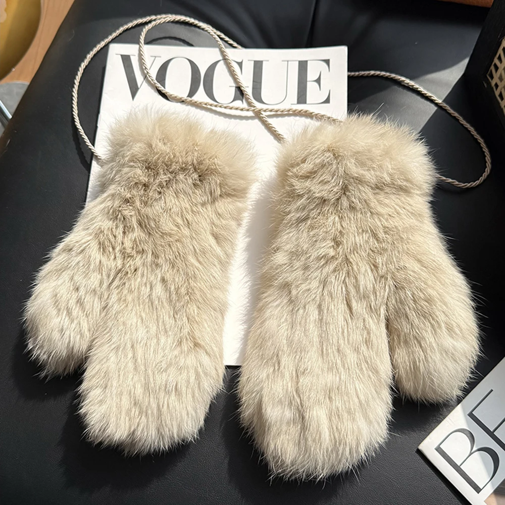 Hot Sale Women's 100% Natural Rabbit Fur Winter Gloves Warm Knit Thick Thermal Mittens Soft Real Fur Outdoor Cold Weather Glove