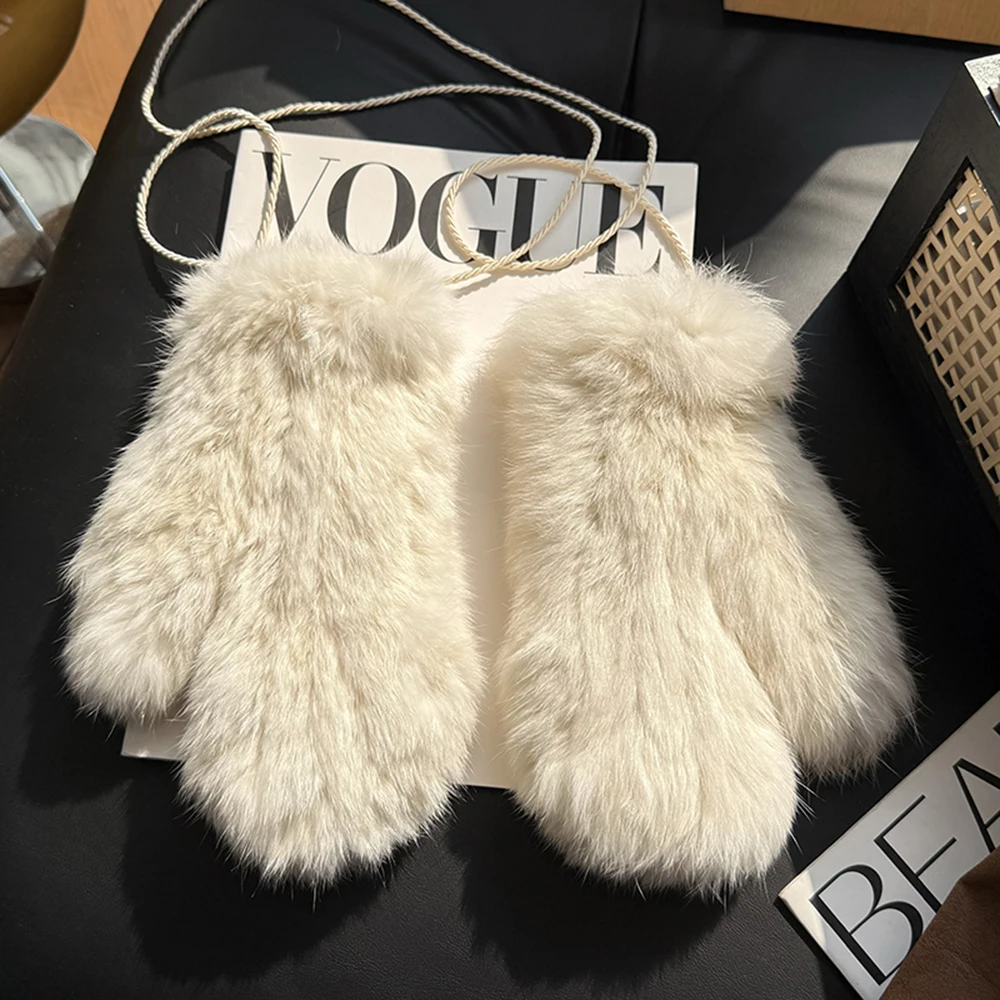 Hot Sale Women's 100% Natural Rabbit Fur Winter Gloves Warm Knit Thick Thermal Mittens Soft Real Fur Outdoor Cold Weather Glove