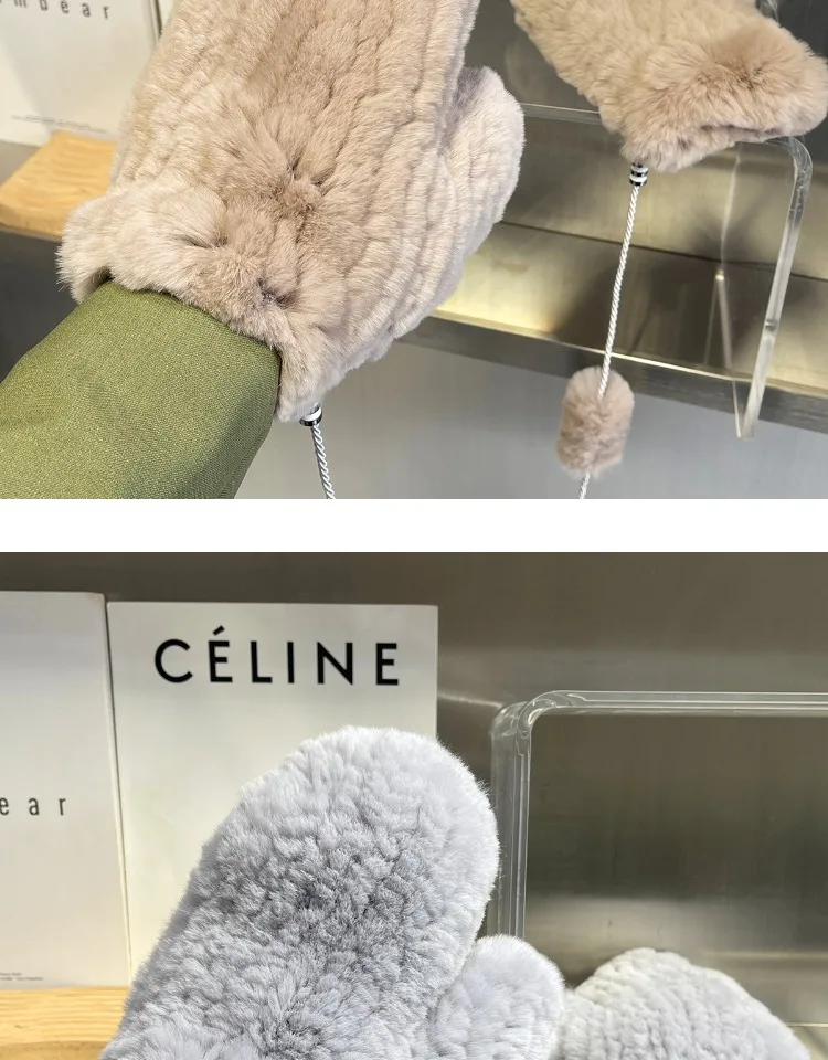 Hot Sale Women's 100% Natural Rabbit Fur Winter Gloves Warm Knit Thick Thermal Mittens Soft Real Fur Outdoor Cold Weather Glove