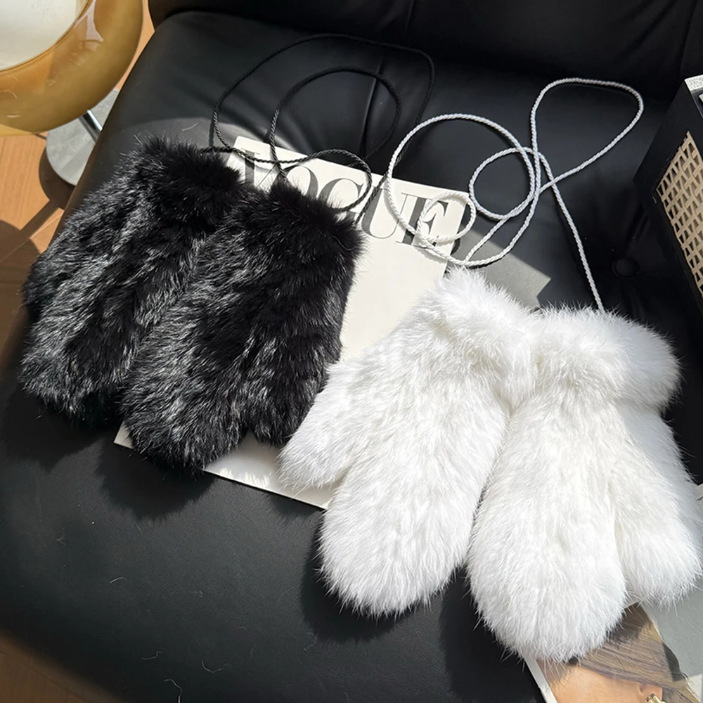 Hot Sale Women's 100% Natural Rabbit Fur Winter Gloves Warm Knit Thick Thermal Mittens Soft Real Fur Outdoor Cold Weather Glove