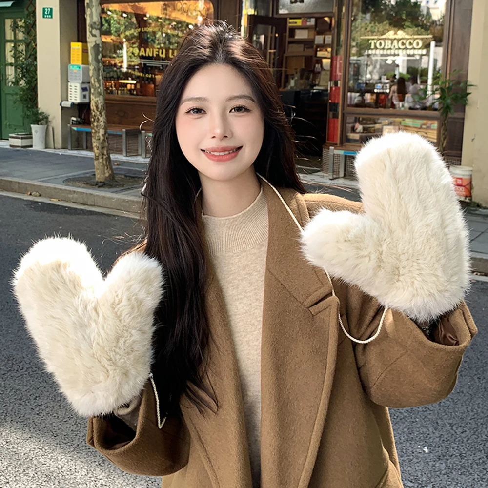 Hot Sale Women's 100% Natural Rabbit Fur Winter Gloves Warm Knit Thick Thermal Mittens Soft Real Fur Outdoor Cold Weather Glove