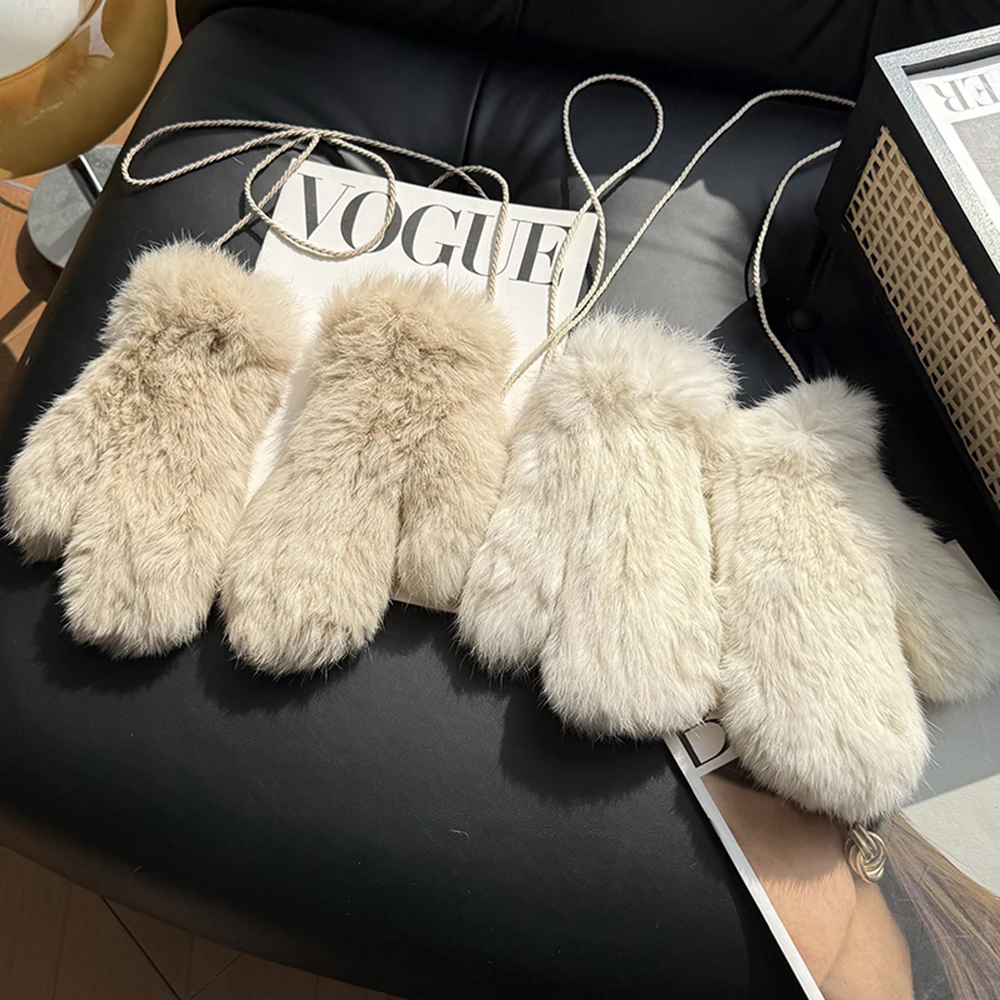 Hot Sale Women's 100% Natural Rabbit Fur Winter Gloves Warm Knit Thick Thermal Mittens Soft Real Fur Outdoor Cold Weather Glove
