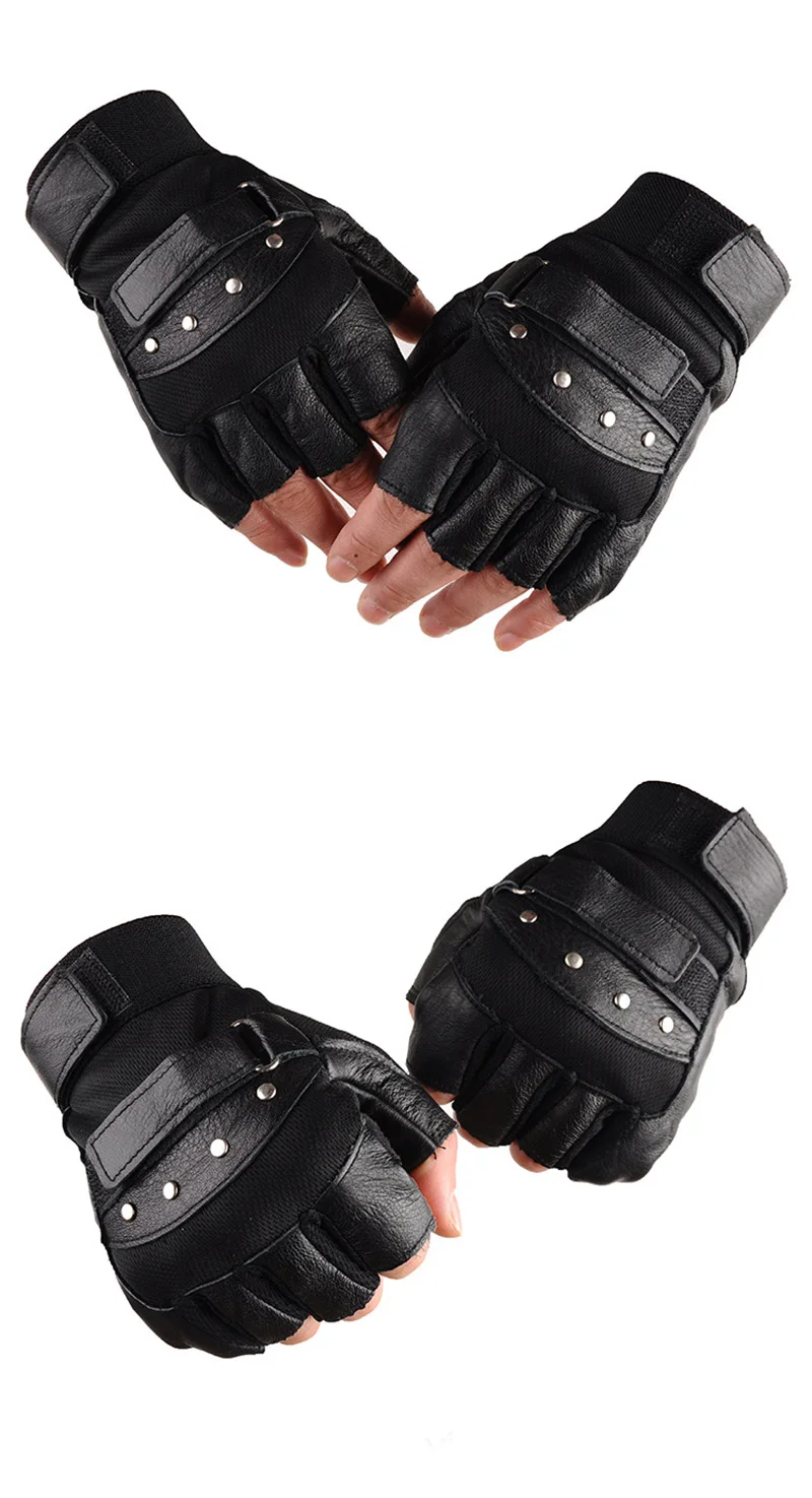 Men's Half Finger Leather Fitness Gloves Bike Sport Gloves Gym Exercise Men Black Rivets Punk Gloves G135