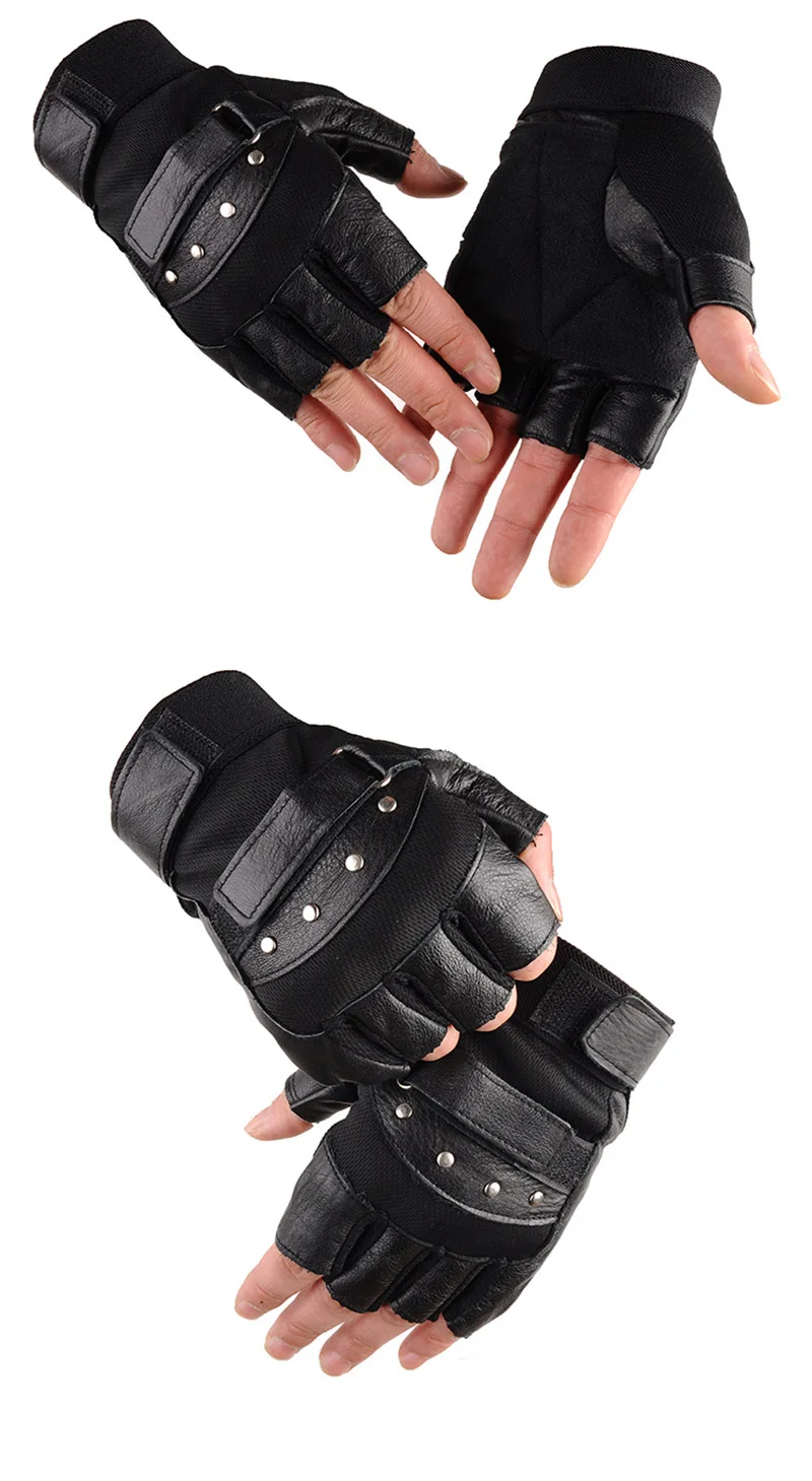 Men's Half Finger Leather Fitness Gloves Bike Sport Gloves Gym Exercise Men Black Rivets Punk Gloves G135