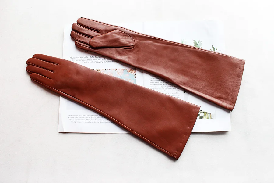Long Leather Gloves Female Color Sheepskin Cloves Thin Section Over Elbow Long Velvet Lining Winter Warm Arm Set Free Shipping