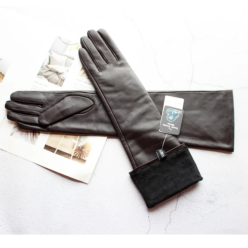 Long Leather Gloves Female Color Sheepskin Cloves Thin Section Over Elbow Long Velvet Lining Winter Warm Arm Set Free Shipping