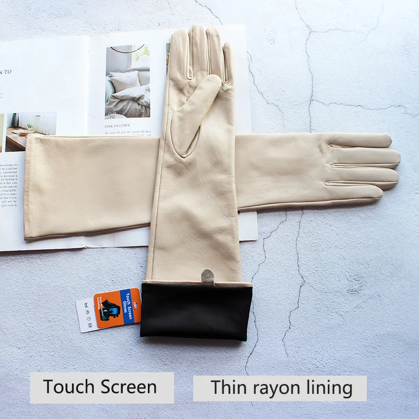 Long Leather Gloves Female Color Sheepskin Cloves Thin Section Over Elbow Long Velvet Lining Winter Warm Arm Set Free Shipping