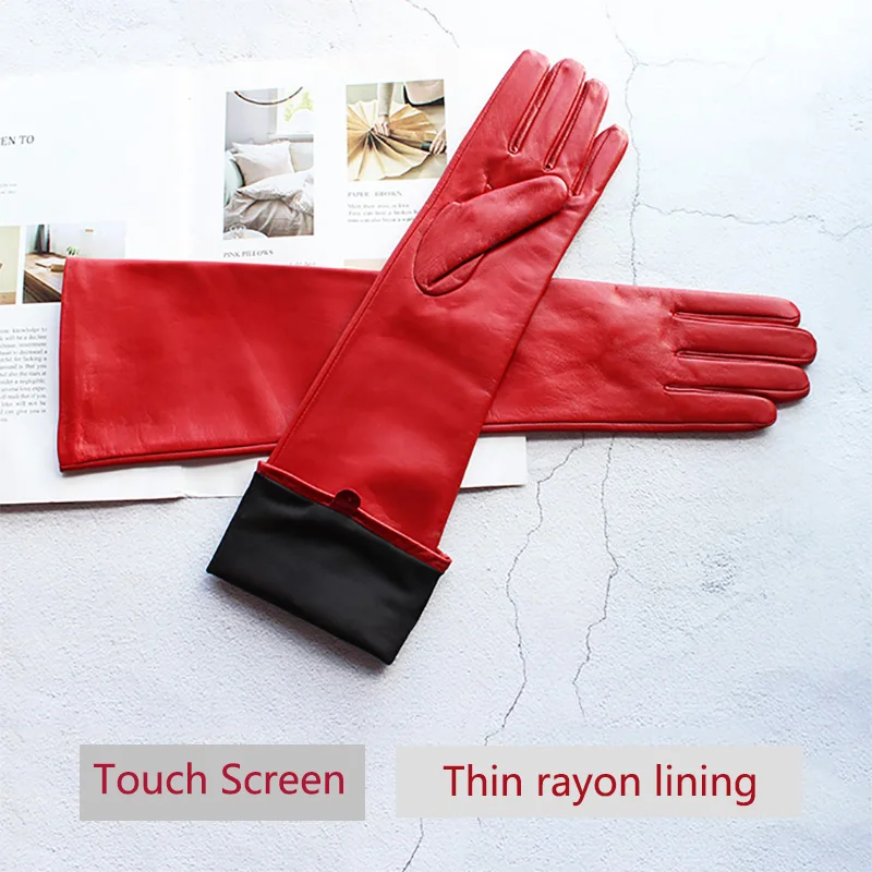 Long Leather Gloves Female Color Sheepskin Cloves Thin Section Over Elbow Long Velvet Lining Winter Warm Arm Set Free Shipping