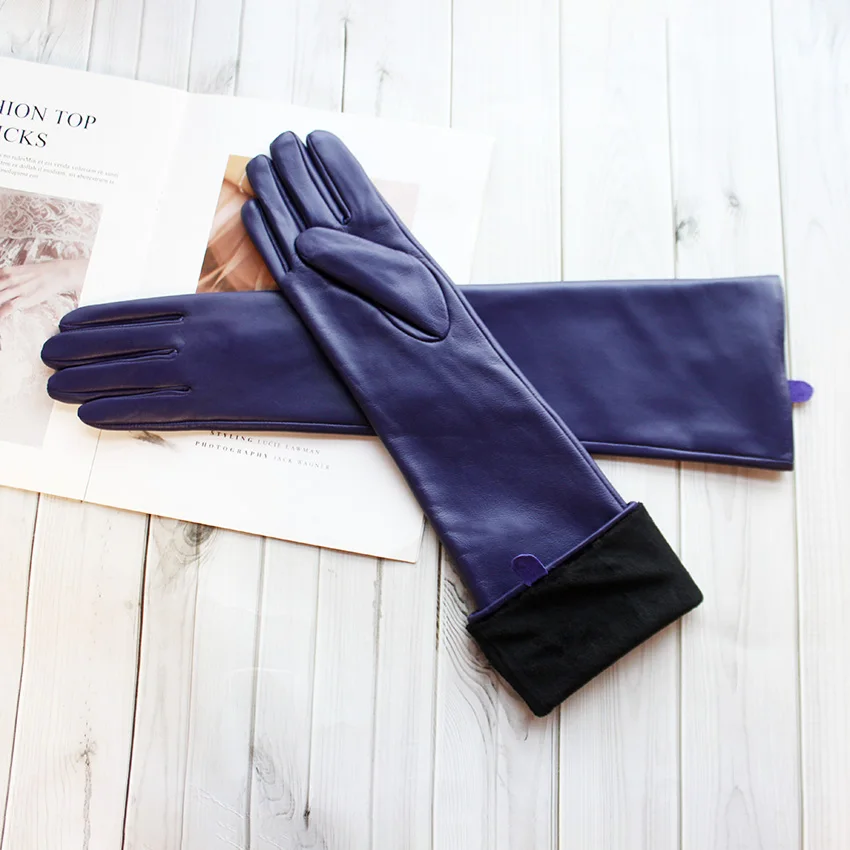 Long Leather Gloves Female Color Sheepskin Cloves Thin Section Over Elbow Long Velvet Lining Winter Warm Arm Set Free Shipping