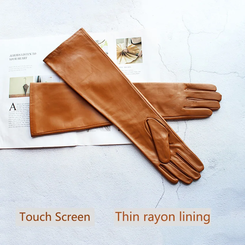 Long Leather Gloves Female Color Sheepskin Cloves Thin Section Over Elbow Long Velvet Lining Winter Warm Arm Set Free Shipping