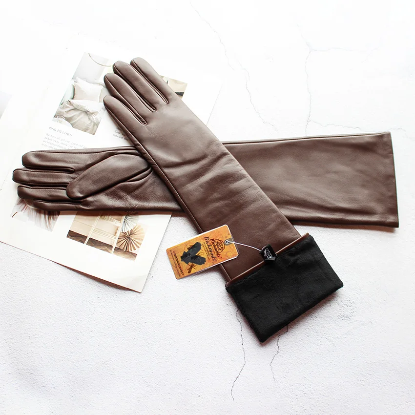 Long Leather Gloves Female Color Sheepskin Cloves Thin Section Over Elbow Long Velvet Lining Winter Warm Arm Set Free Shipping