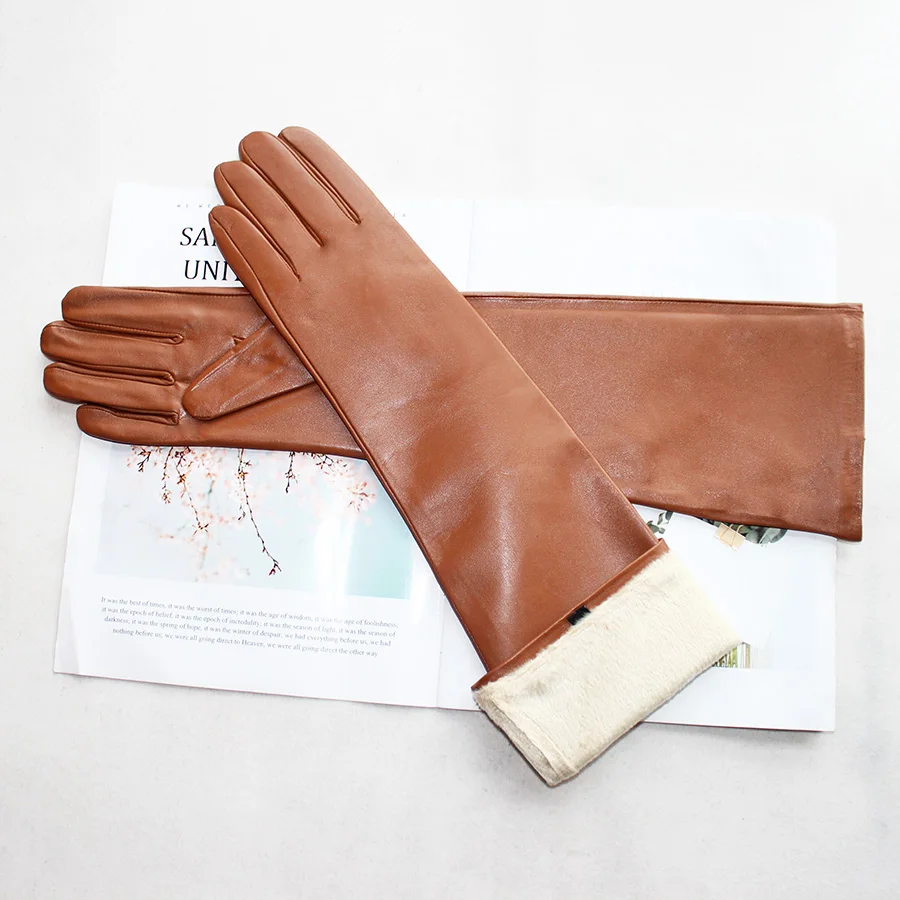 Long Leather Gloves Female Color Sheepskin Cloves Thin Section Over Elbow Long Velvet Lining Winter Warm Arm Set Free Shipping