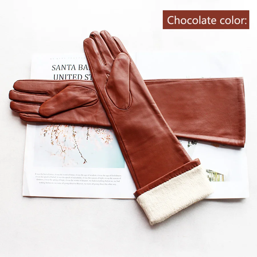 Long Leather Gloves Female Color Sheepskin Cloves Thin Section Over Elbow Long Velvet Lining Winter Warm Arm Set Free Shipping