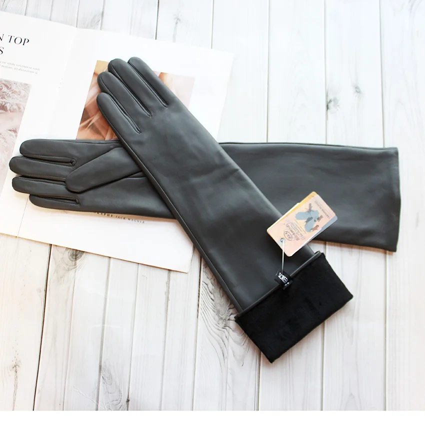 Long Leather Gloves Female Color Sheepskin Cloves Thin Section Over Elbow Long Velvet Lining Winter Warm Arm Set Free Shipping