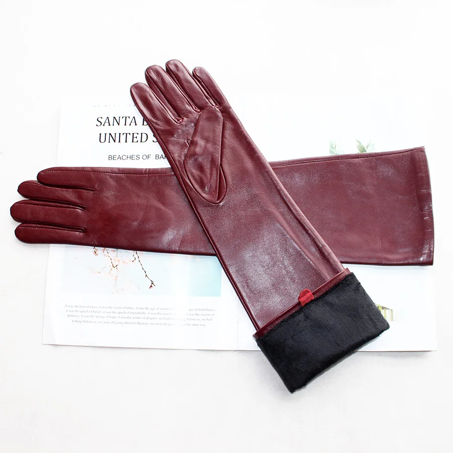 Long Leather Gloves Female Color Sheepskin Cloves Thin Section Over Elbow Long Velvet Lining Winter Warm Arm Set Free Shipping