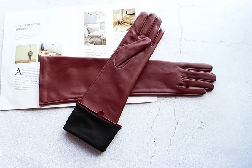 Long Leather Gloves Female Color Sheepskin Cloves Thin Section Over Elbow Long Velvet Lining Winter Warm Arm Set Free Shipping