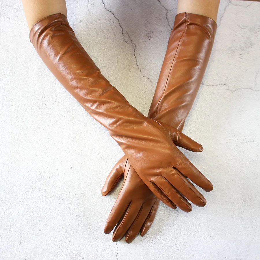 Long Leather Gloves Female Color Sheepskin Cloves Thin Section Over Elbow Long Velvet Lining Winter Warm Arm Set Free Shipping