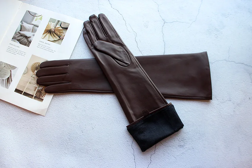 Long Leather Gloves Female Color Sheepskin Cloves Thin Section Over Elbow Long Velvet Lining Winter Warm Arm Set Free Shipping