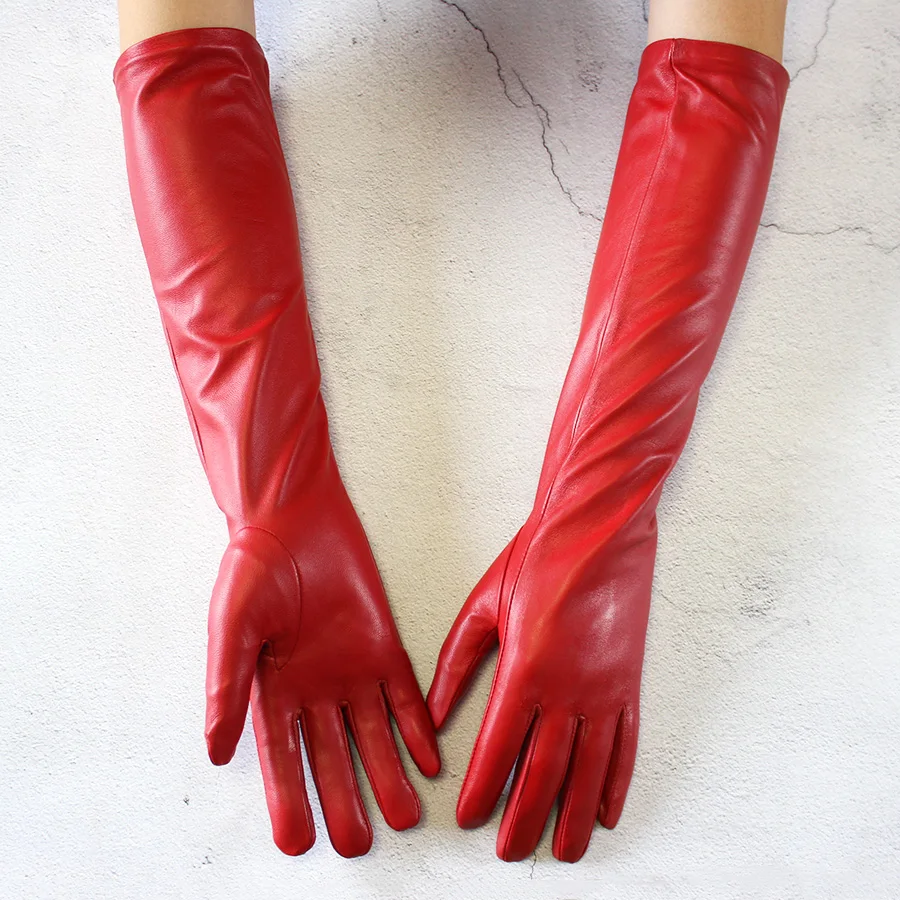 Long Leather Gloves Female Color Sheepskin Cloves Thin Section Over Elbow Long Velvet Lining Winter Warm Arm Set Free Shipping