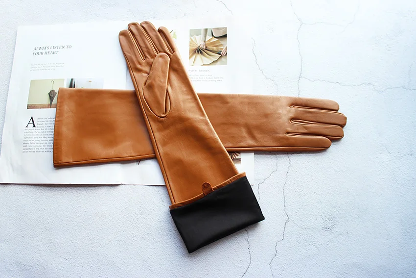 Long Leather Gloves Female Color Sheepskin Cloves Thin Section Over Elbow Long Velvet Lining Winter Warm Arm Set Free Shipping