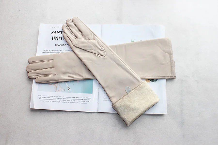 Long Leather Gloves Female Color Sheepskin Cloves Thin Section Over Elbow Long Velvet Lining Winter Warm Arm Set Free Shipping