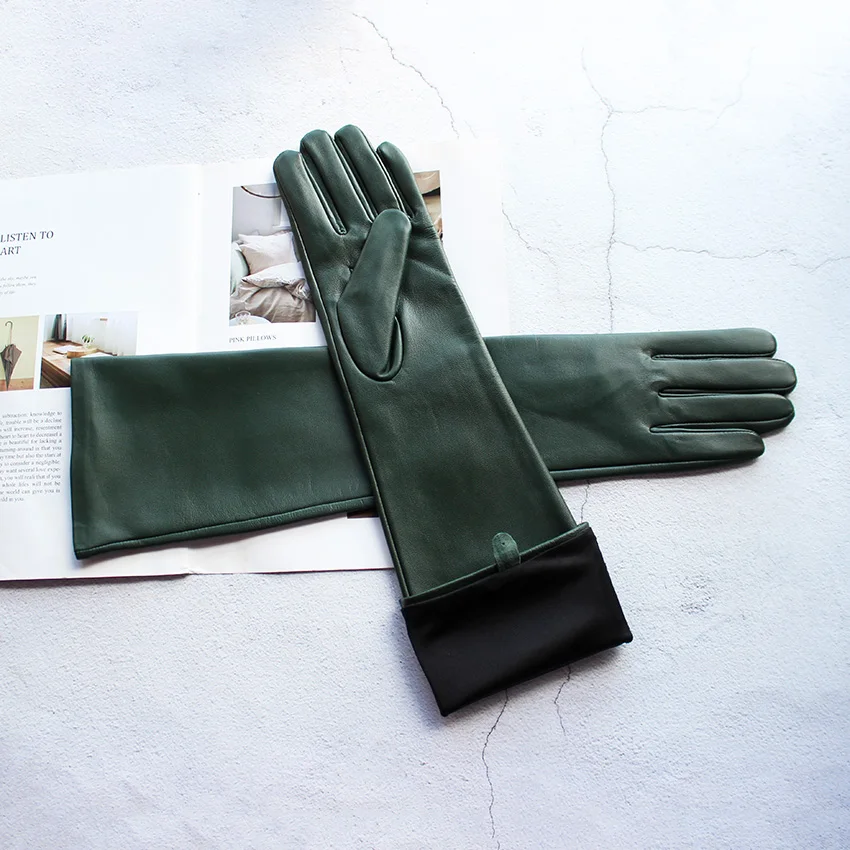 Long Leather Gloves Female Color Sheepskin Cloves Thin Section Over Elbow Long Velvet Lining Winter Warm Arm Set Free Shipping