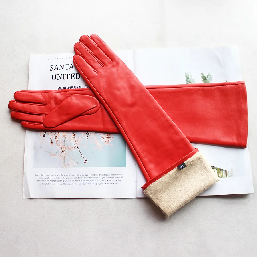Long Leather Gloves Female Color Sheepskin Cloves Thin Section Over Elbow Long Velvet Lining Winter Warm Arm Set Free Shipping