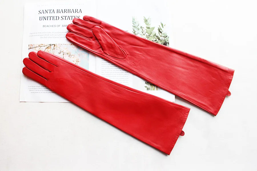 Long Leather Gloves Female Color Sheepskin Cloves Thin Section Over Elbow Long Velvet Lining Winter Warm Arm Set Free Shipping