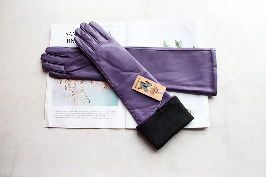 Long Leather Gloves Female Color Sheepskin Cloves Thin Section Over Elbow Long Velvet Lining Winter Warm Arm Set Free Shipping