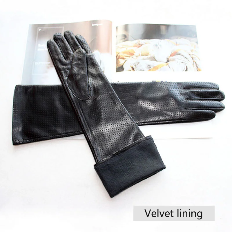 Long Leather Gloves Female Color Sheepskin Cloves Thin Section Over Elbow Long Velvet Lining Winter Warm Arm Set Free Shipping