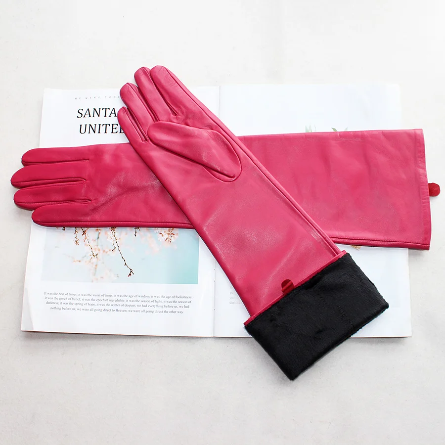 Long Leather Gloves Female Color Sheepskin Cloves Thin Section Over Elbow Long Velvet Lining Winter Warm Arm Set Free Shipping