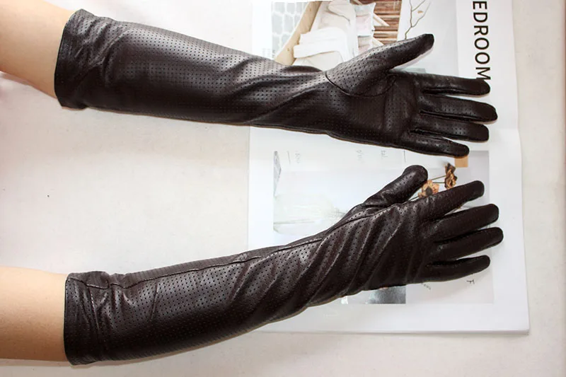 Long Leather Gloves Female Color Sheepskin Cloves Thin Section Over Elbow Long Velvet Lining Winter Warm Arm Set Free Shipping