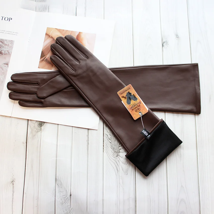Long Leather Gloves Female Color Sheepskin Cloves Thin Section Over Elbow Long Velvet Lining Winter Warm Arm Set Free Shipping