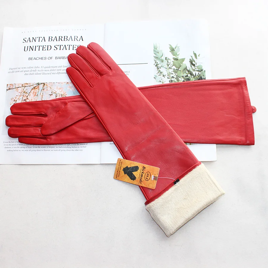 Long Leather Gloves Female Color Sheepskin Cloves Thin Section Over Elbow Long Velvet Lining Winter Warm Arm Set Free Shipping