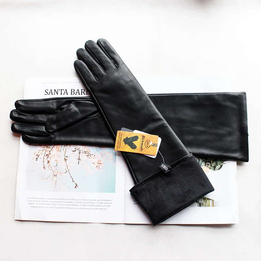 Long Leather Gloves Female Color Sheepskin Cloves Thin Section Over Elbow Long Velvet Lining Winter Warm Arm Set Free Shipping