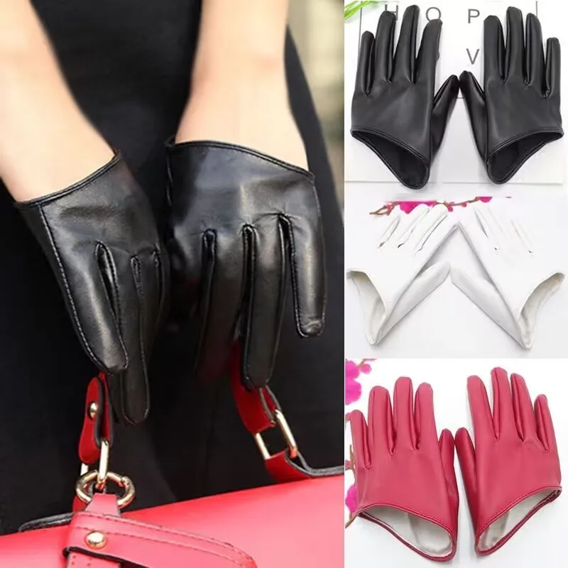1 Pair Fashion Women Tight Full Finger Gloves Imitation PU Leather Sexy Half Palm Gloves Party Performance Black Short Mittens