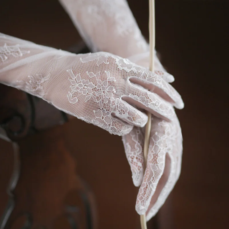 White Long Lace Sexy Mesh Eyelash Gloves Tulle Bridal Wedding Elbow Opera Party Costume Accessories Thin Transparent Hollow Out