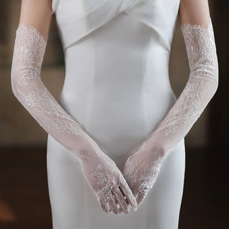 White Long Lace Sexy Mesh Eyelash Gloves Tulle Bridal Wedding Elbow Opera Party Costume Accessories Thin Transparent Hollow Out
